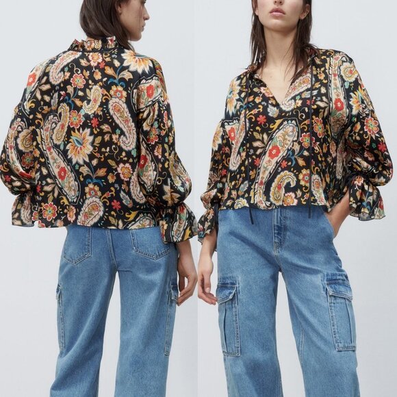 NEW Zara Multicolored Paisley Print High Collar Bow Ruffle Long Sleeves Blouse L - Picture 4 of 10